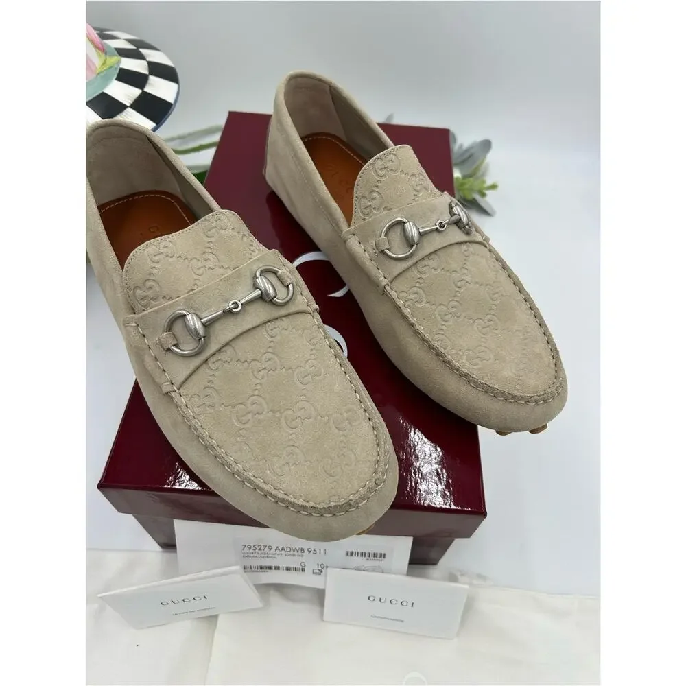Men's Gucci suede oatmeal horse bit driver loafers size 10.5 fits 11 US
